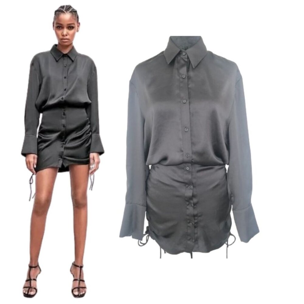 Zara Black Draped Satin Effect Short T-Shirt Dress Size XS
